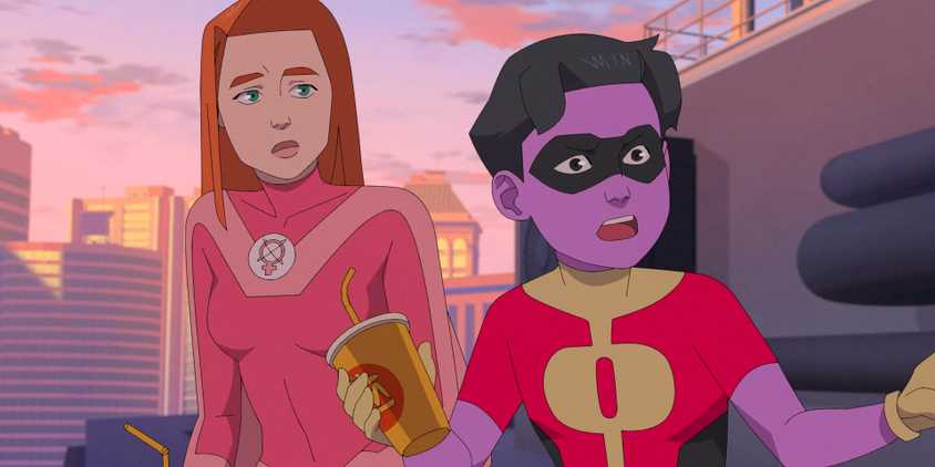 Atom Eve looking neutral next to Oliver Grayson holding a cup in Invincible Season 3 Ep 6