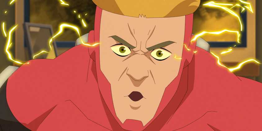 Electricity coming from Powerplex's eyes as he builds in anger in Invincible Season 3 Ep 6