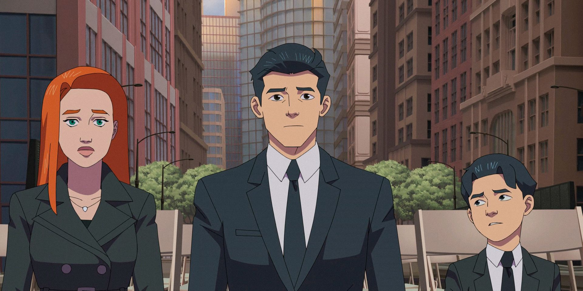 Atom Eve, Mark Grayson, and Oliver Grayson sitting at a memorial in Invincible Season 3 Ep 6