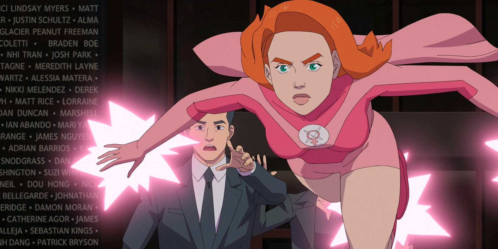Atom Eve getting ready to fight as Mark tries to stop her in Invincible Season 3 Ep 6