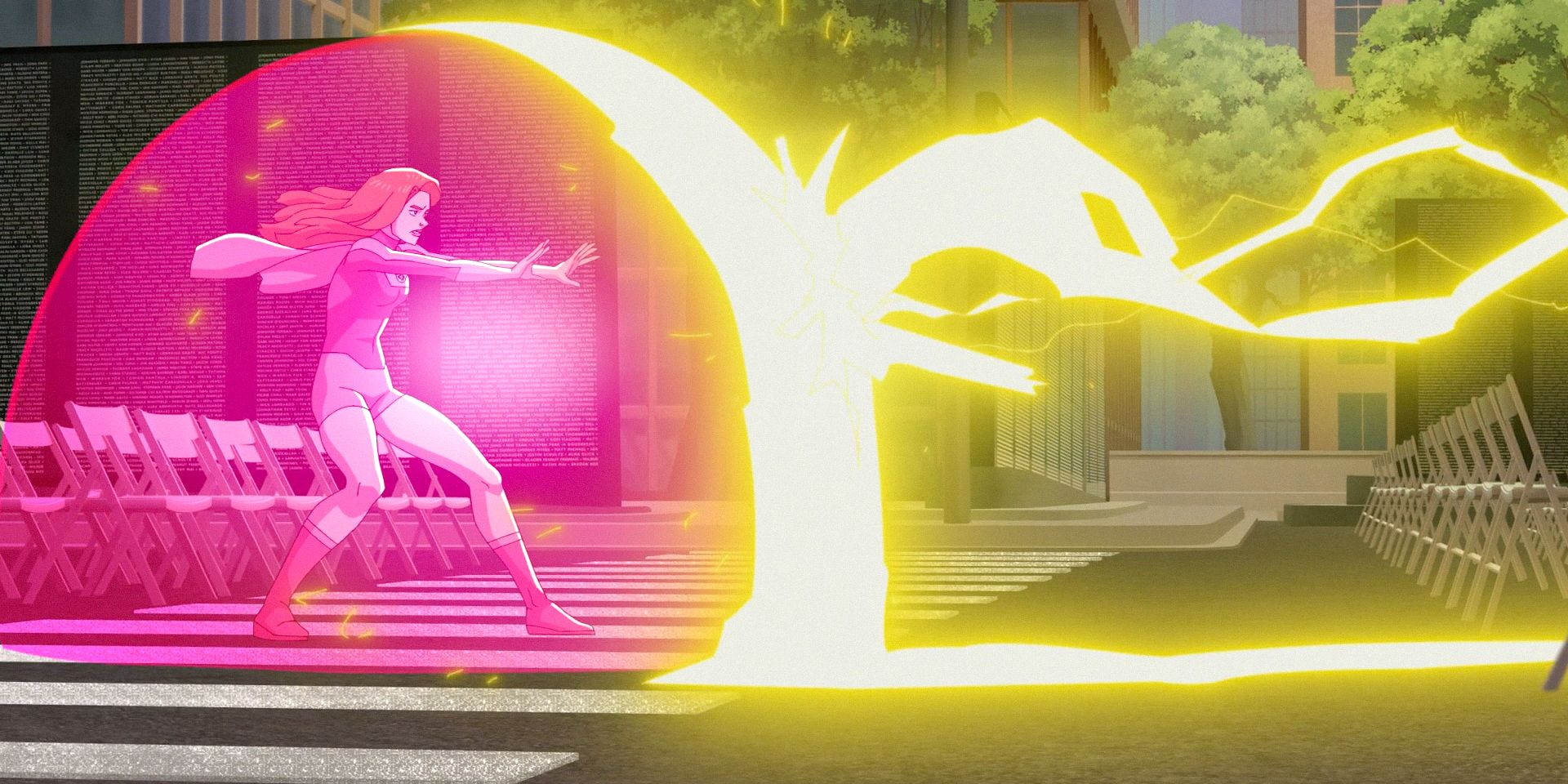 Atom Eve blocking one of Powerplex's attacks in Invincible Season 3 Ep 6