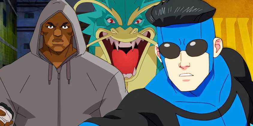 Mark and Titan from Invincible season 3 (2025) either side of Mr. Liu in dragon form