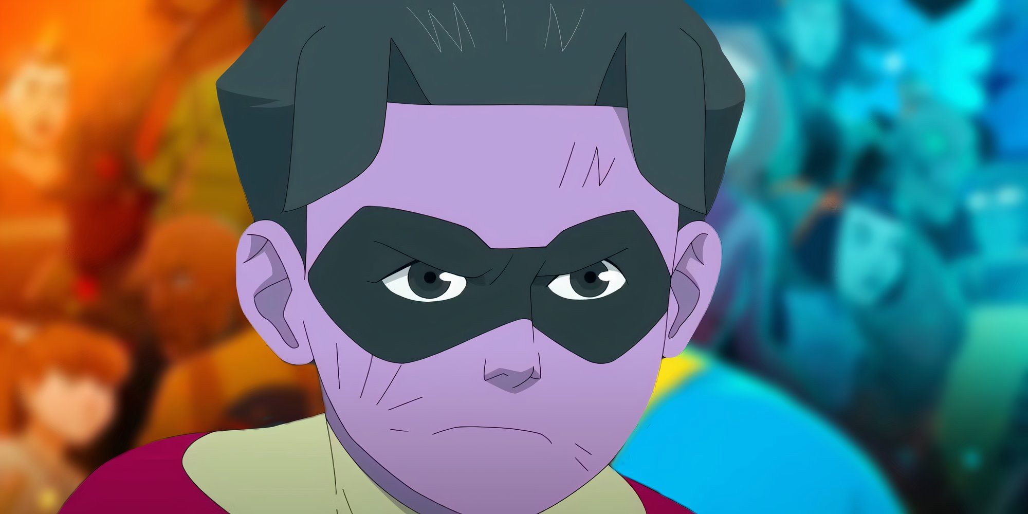 A blurred poster for Invincible season 3 (2025) behind Oliver as Kid Omni-Man