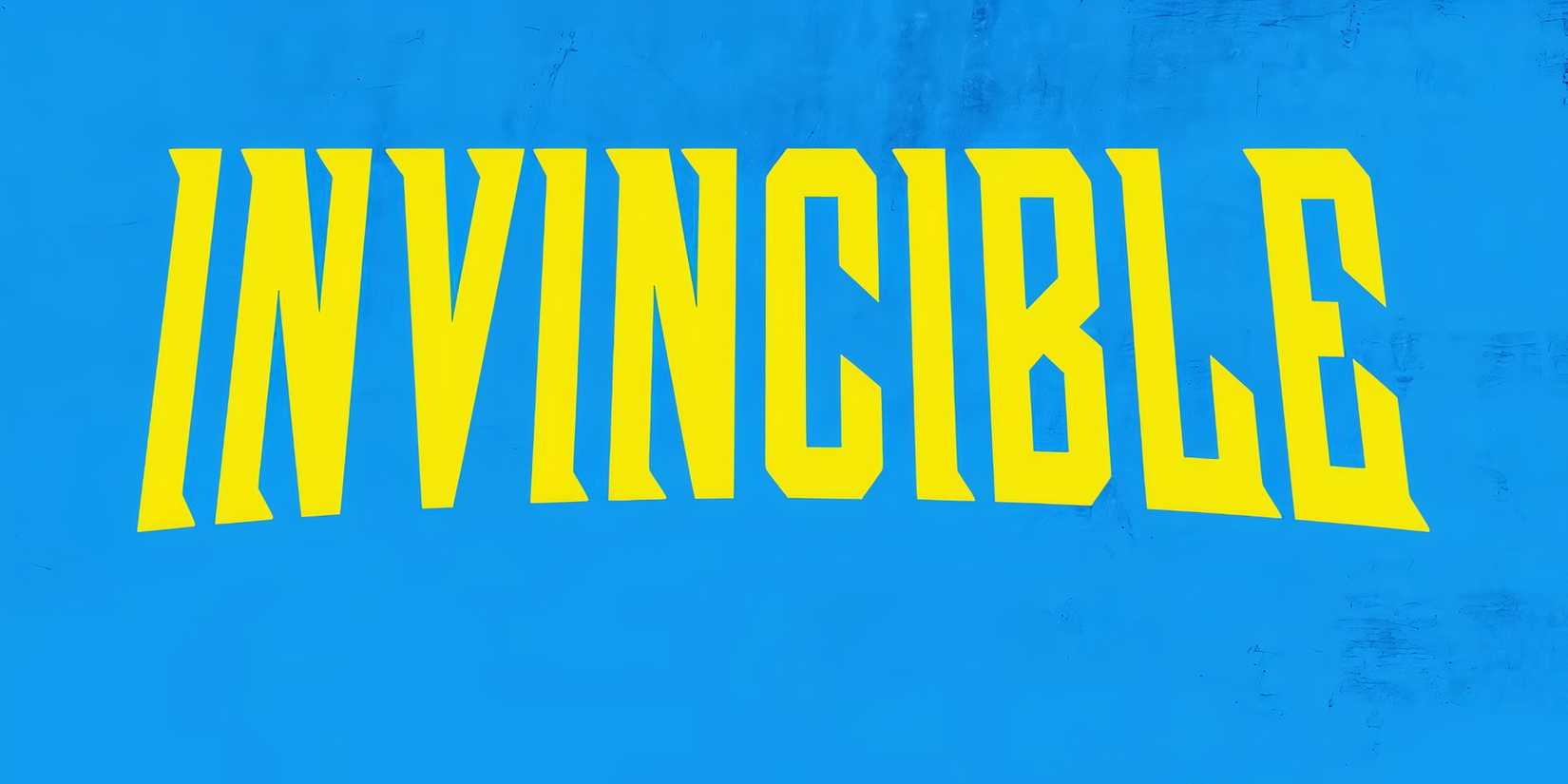 The word Invincible in yellow in front of a blue background