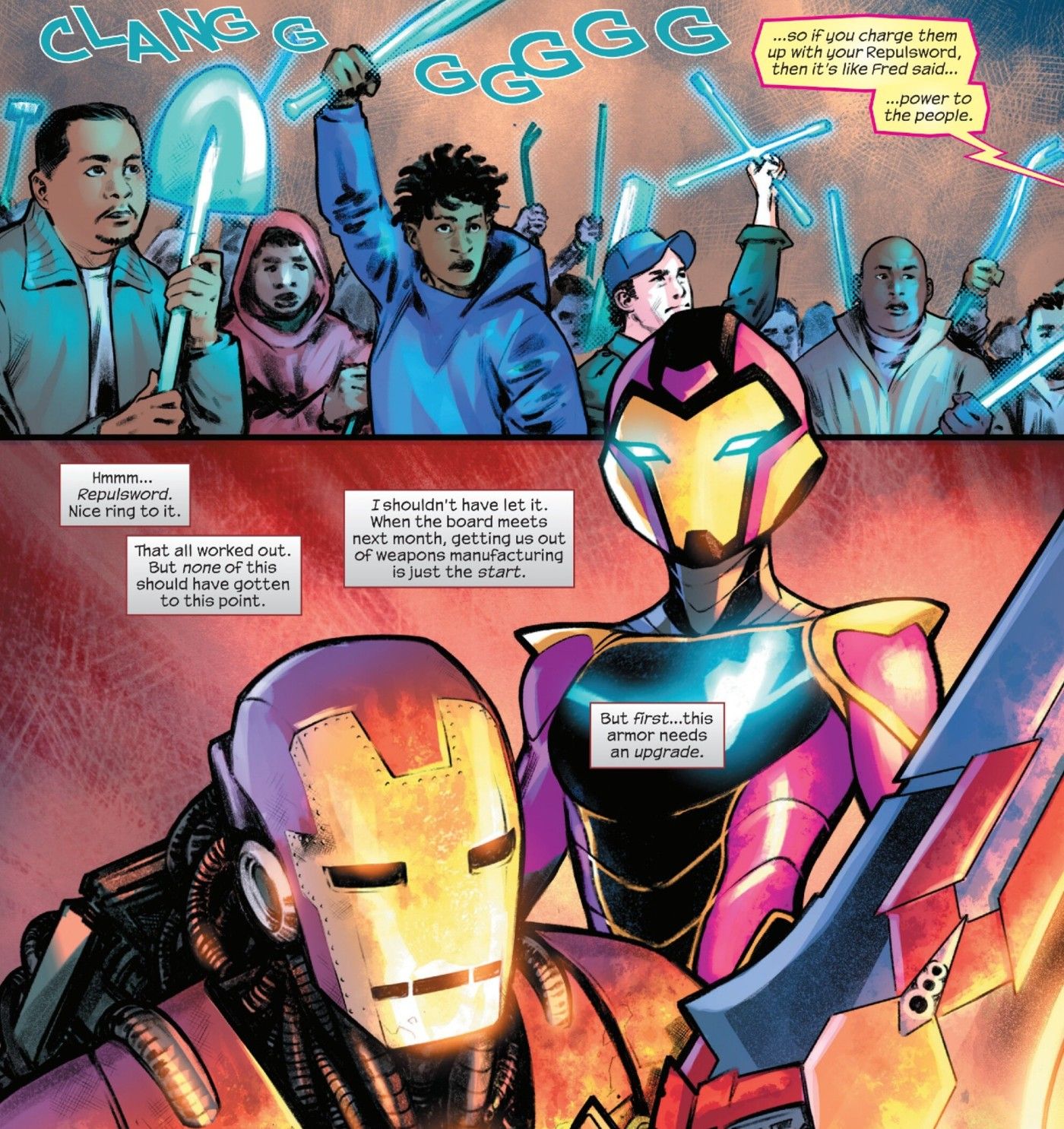 Iron Man #5 Ironheart calls Tony Stark's sword of repulsword and he likes the name