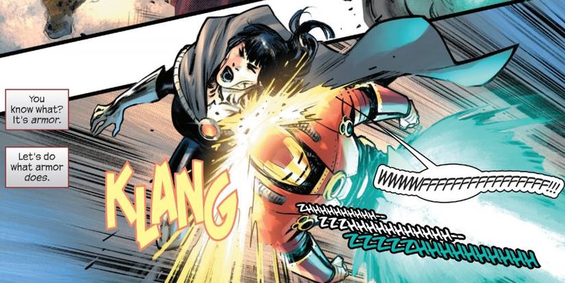 Iron Man slams into Lucia with his armor as a blunt weapon out of desperation