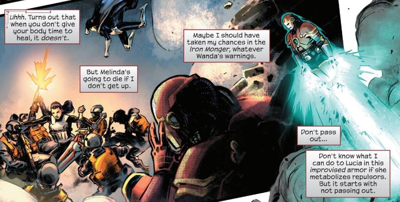 Iron Man struggles to get up and protect Melinda as he's failed to recovery from his hospital stay