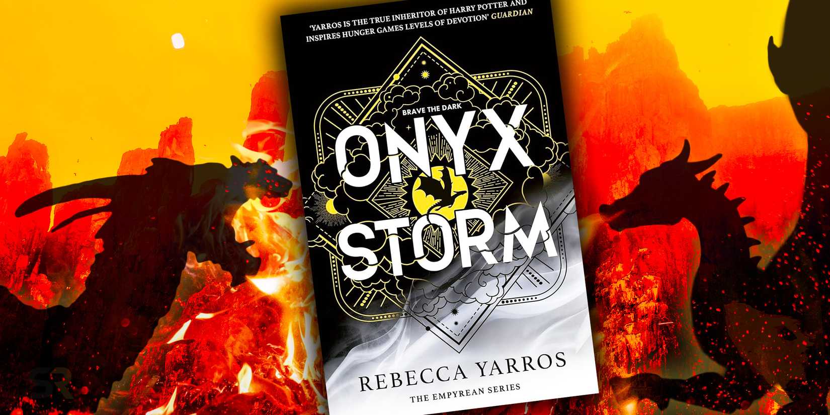 Onyx Storm by Rebecca Yarros with two dragons against a red and yellow background