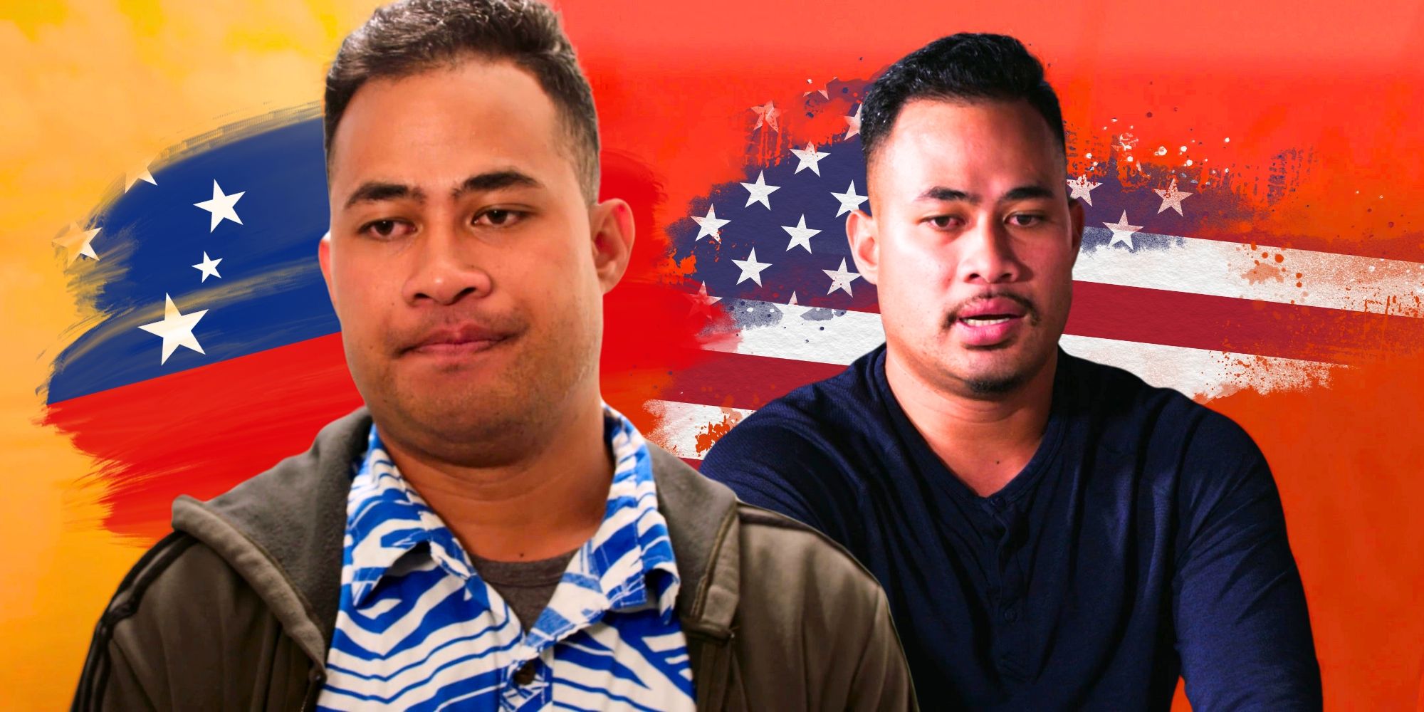 90 Day Fiancé's Asuelu Pulaa looks serious in front of Samoa and U.S. flags.