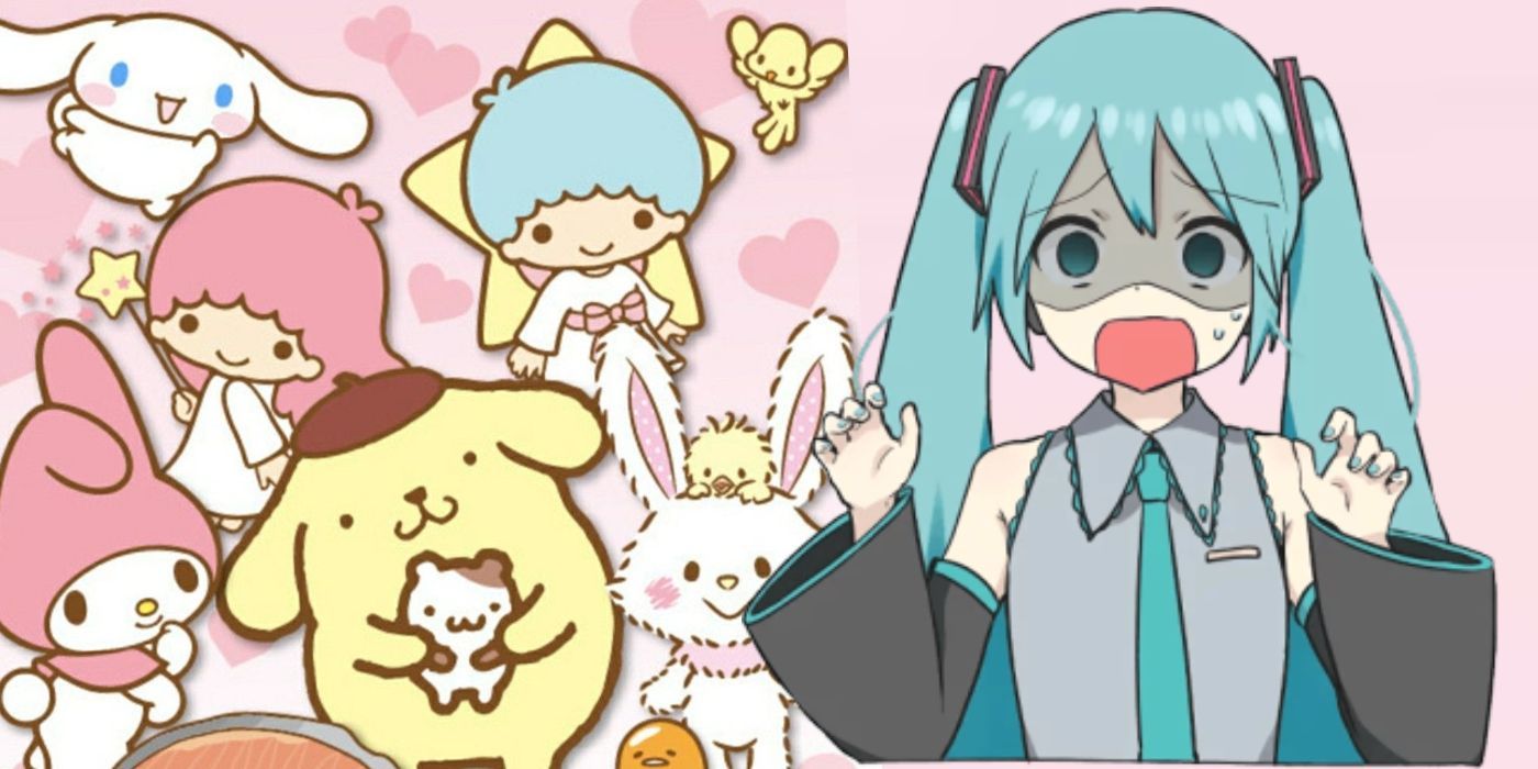 Sanrio characters next to a shocked looking Hatsune Miku