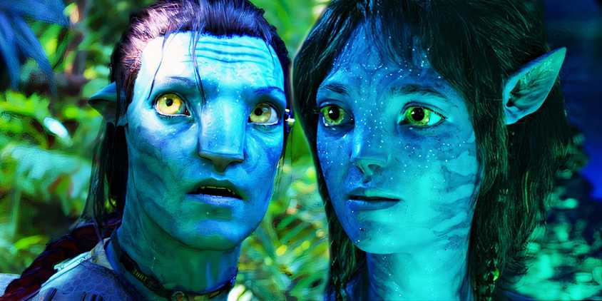 Jake Sully looking surprised in Avatar next to Kiri looking serious in Avatar the Way of Water