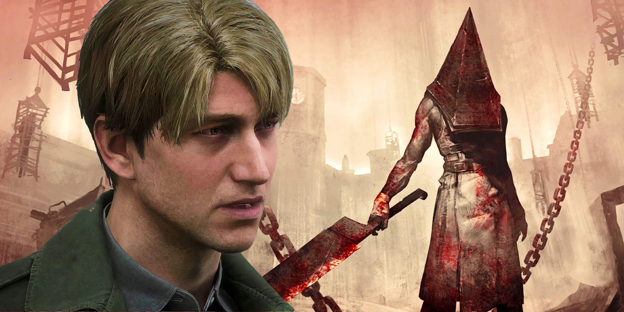 James Sunderland und Pyramidenkopf in einer Collage aus Screenshots und Kunst von Silent Hill 2.