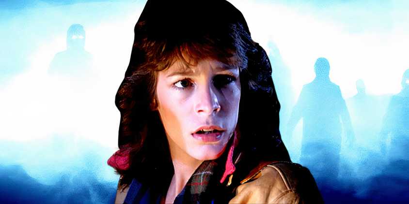 Jamie Lee Curtis as Elizabeth looking scared against background of figures in The Fog