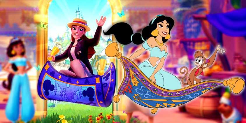 Jasmine riding on a magic carpet and a dreamlight valley player sitting on DDV version of the carpet