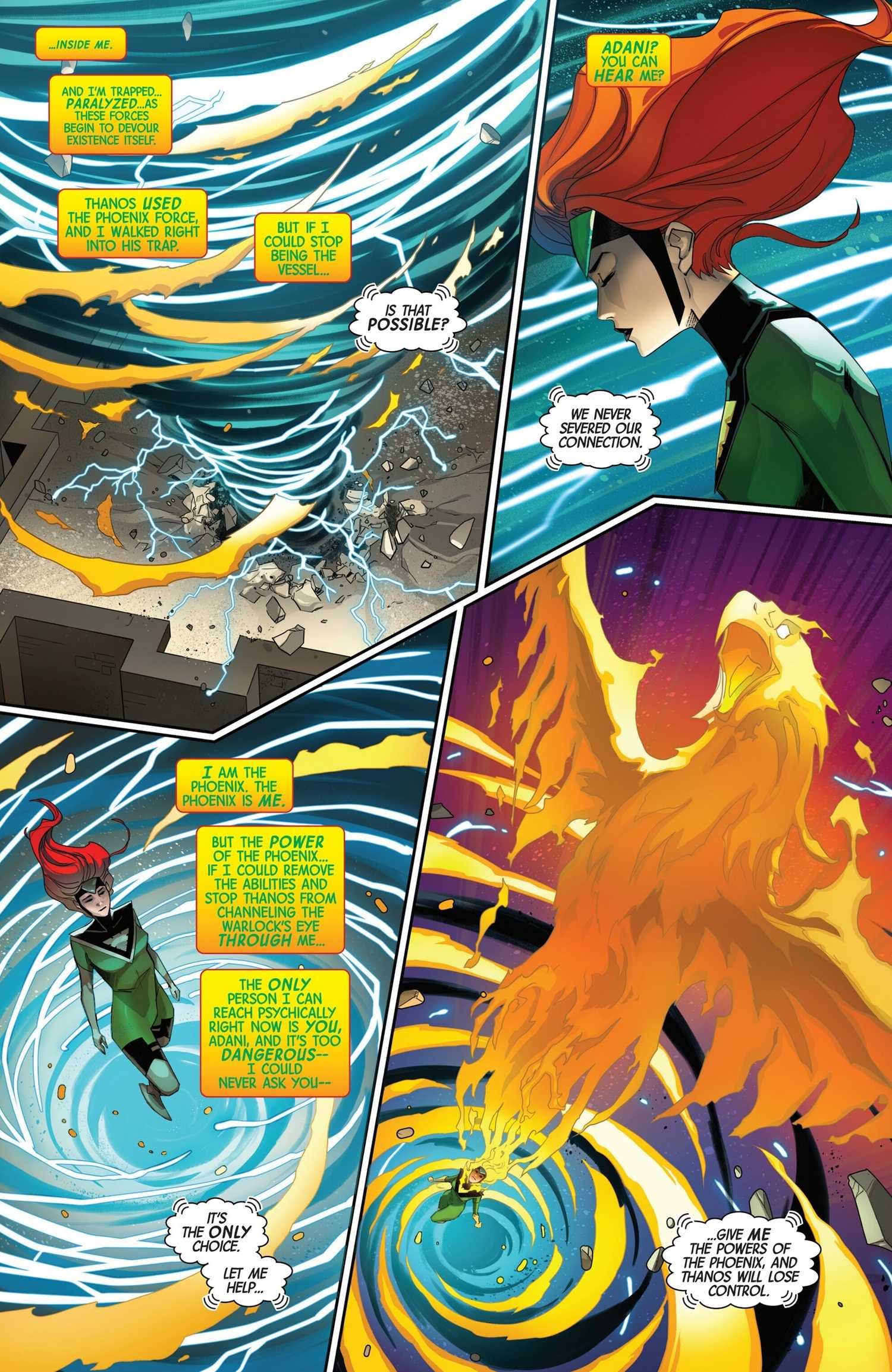 The Phoenix and Jean Grey psychically reach out to Adani. 