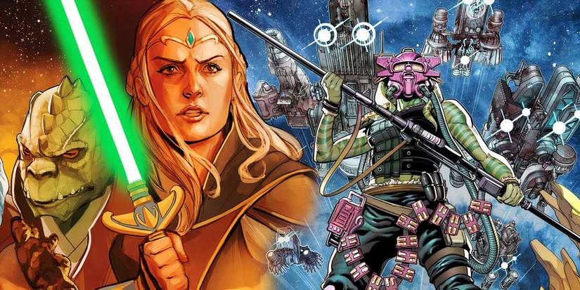 Split image: the Jedi wielding lightsabers and the Nihil army in Star Wars.