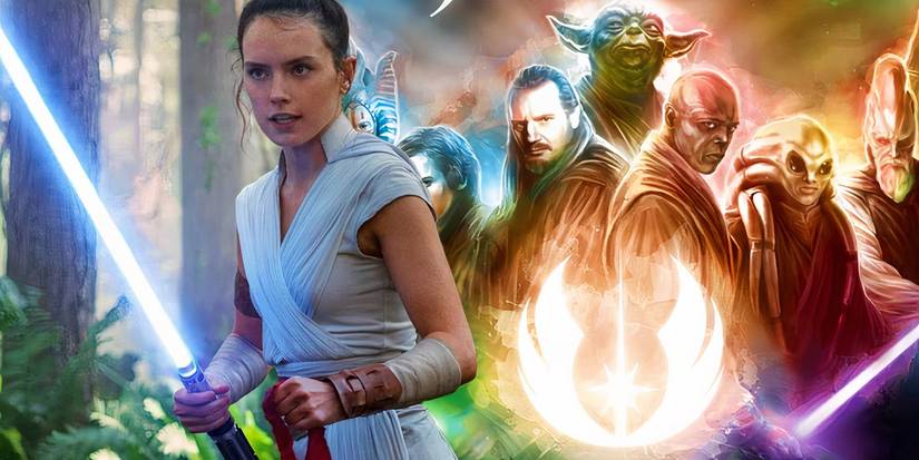 Rey Skywalker with the Jedi Council behind her in Star Wars.