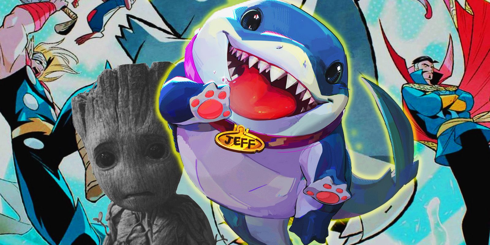 Jeff the Land Shark (foreground) with a sad-looking Groot &amp; other Marvel heroes in the background.
