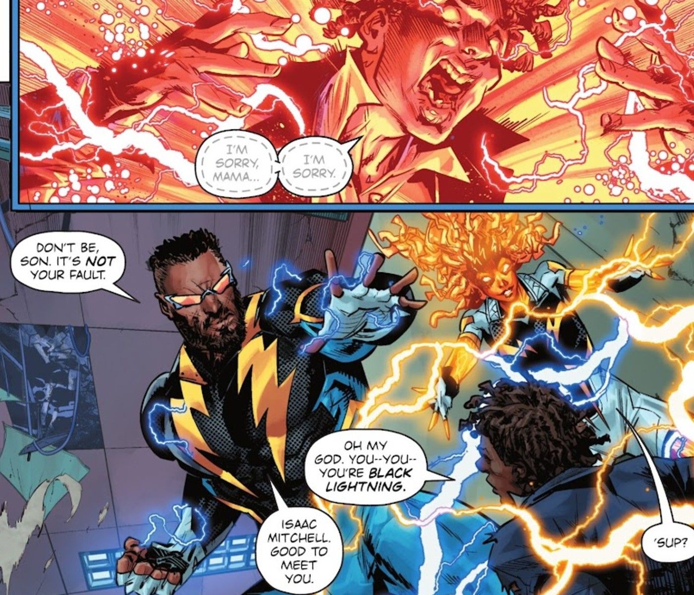 Jefferson Pierce and Jennifer Pierce stop Isaac Mitchell from activating his spontaneous combustion powers in Black Lightning #1