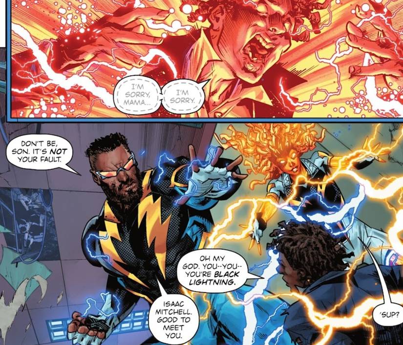 Jefferson Pierce and Jennifer Pierce stop Isaac Mitchell from activating his spontaneous combustion powers in Black Lightning #1