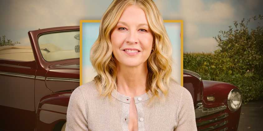 Blended image of Jenna Elfman in front of a red car for Shifting Gears