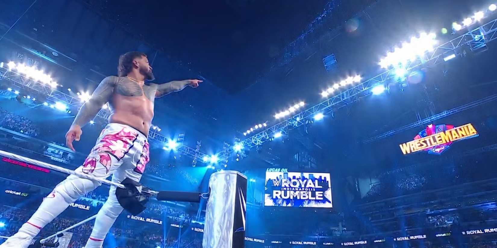 Jey Uso points at the WrestleMania sign at Royal Rumble 2025-1