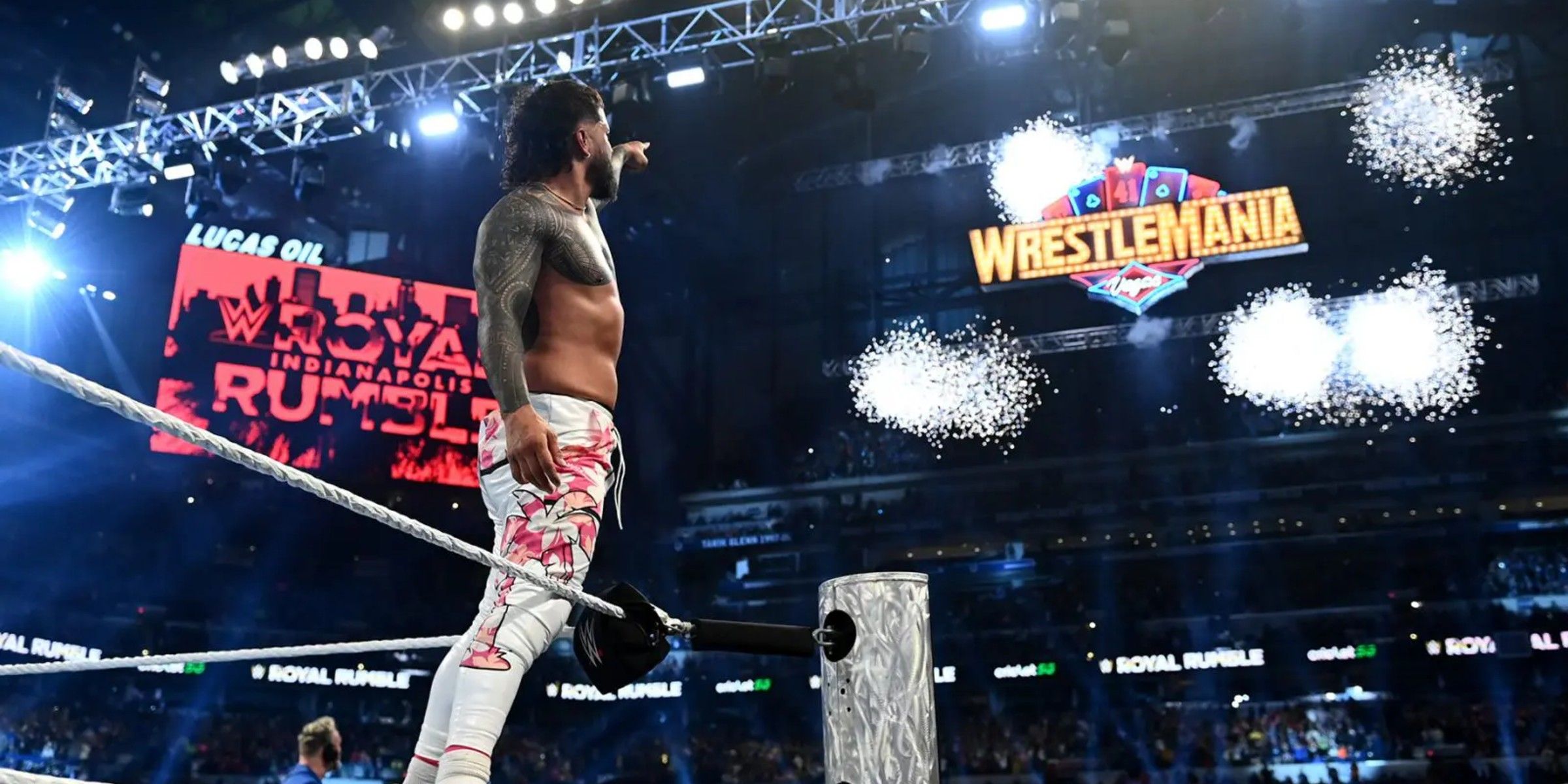 Jey Uso points at WresleMania sign