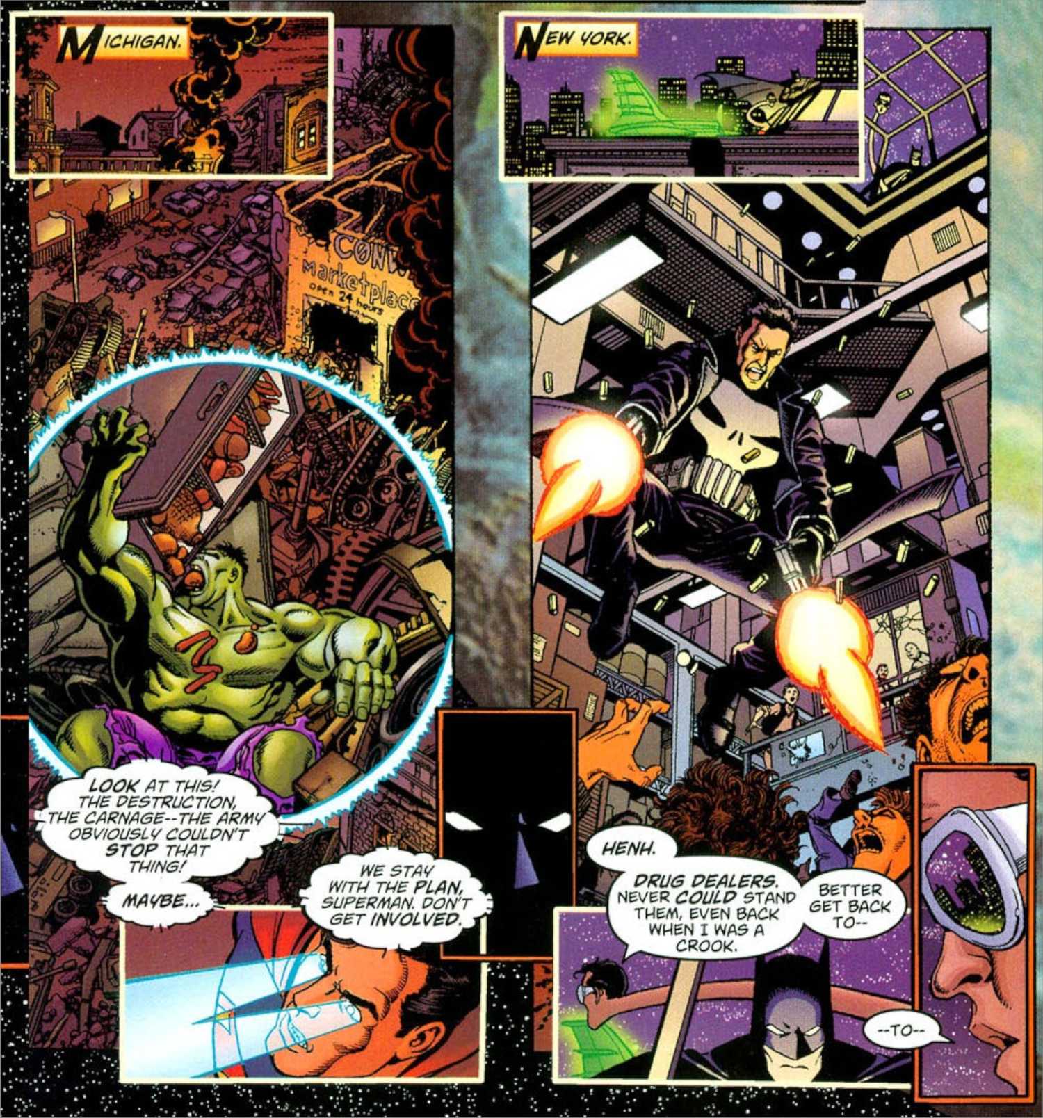 JLA Avengers Batman and Plastic Man observe the Punisher