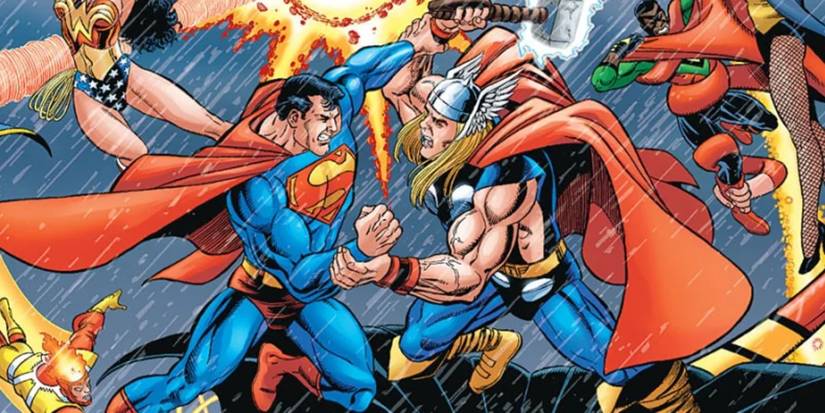JLA VS AVENGERS ART SHOWING THOR FIGHTING SUPERMAN