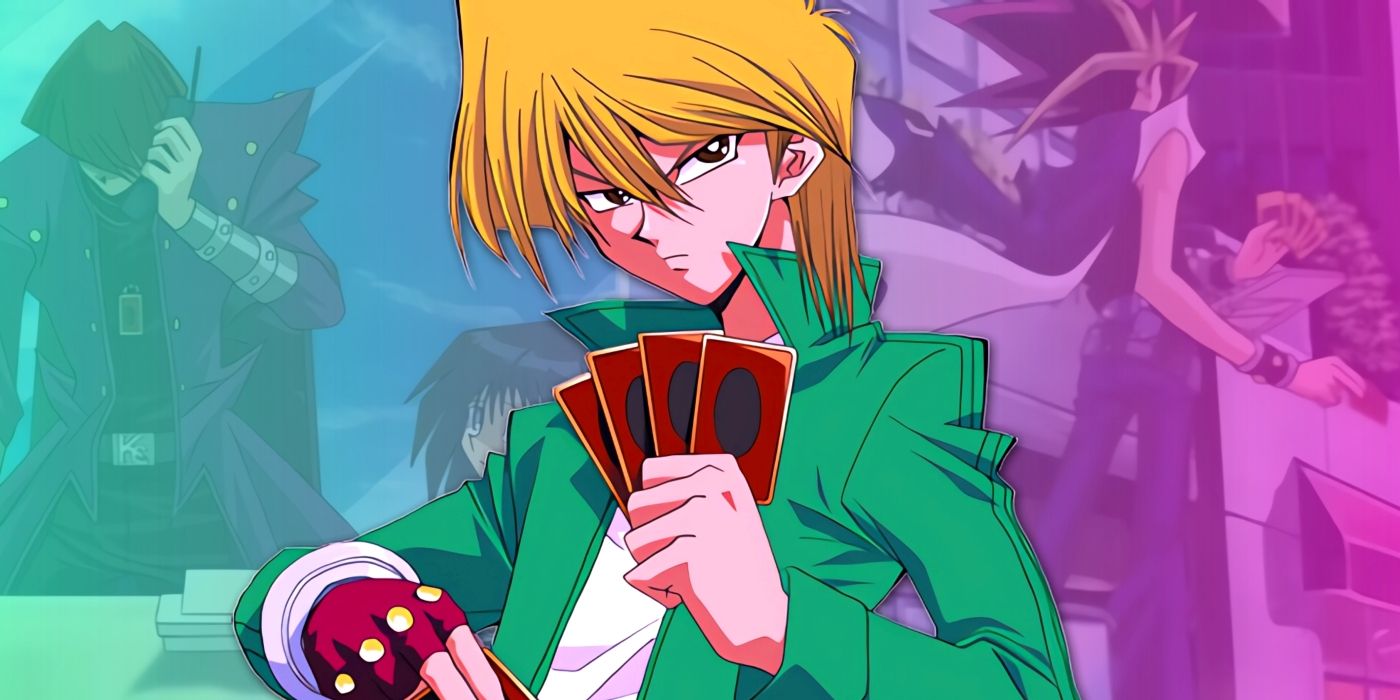 Joey, wearing his Duelist Kingdom outfit, drawing a card. Behind him, Kaiba looking sad, and Atem preparing to duel can be seen.
