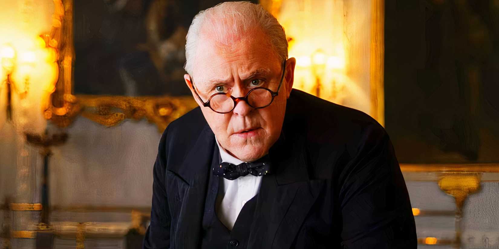 John Lithgow looking mildly surprised as Winston Churchill in The Crown