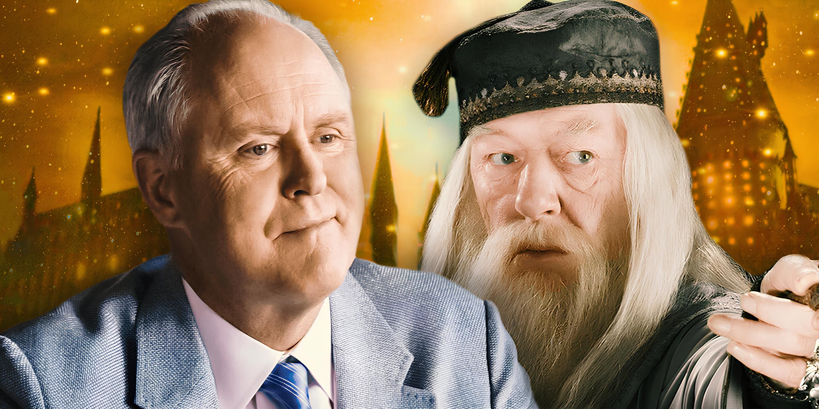 John Lithgow in Front of Michael Gambon as Dumbledore and Hogwarts