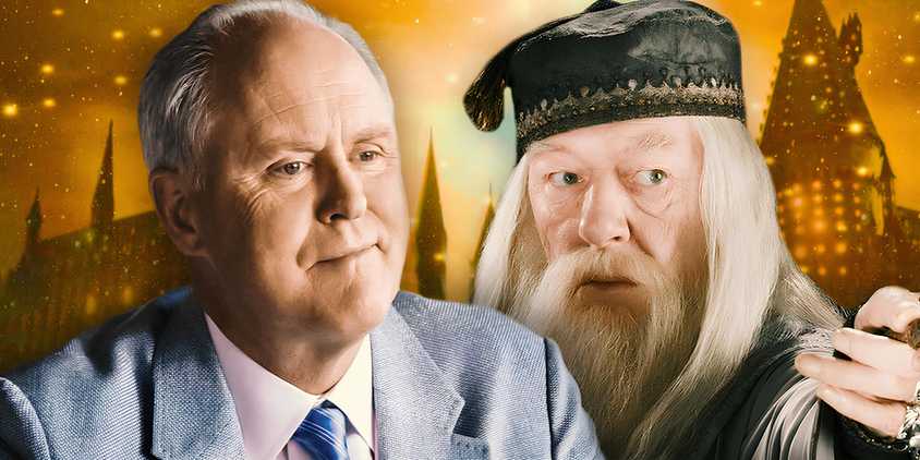 John Lithgow in Front of Michael Gambon as Dumbledore and Hogwarts
