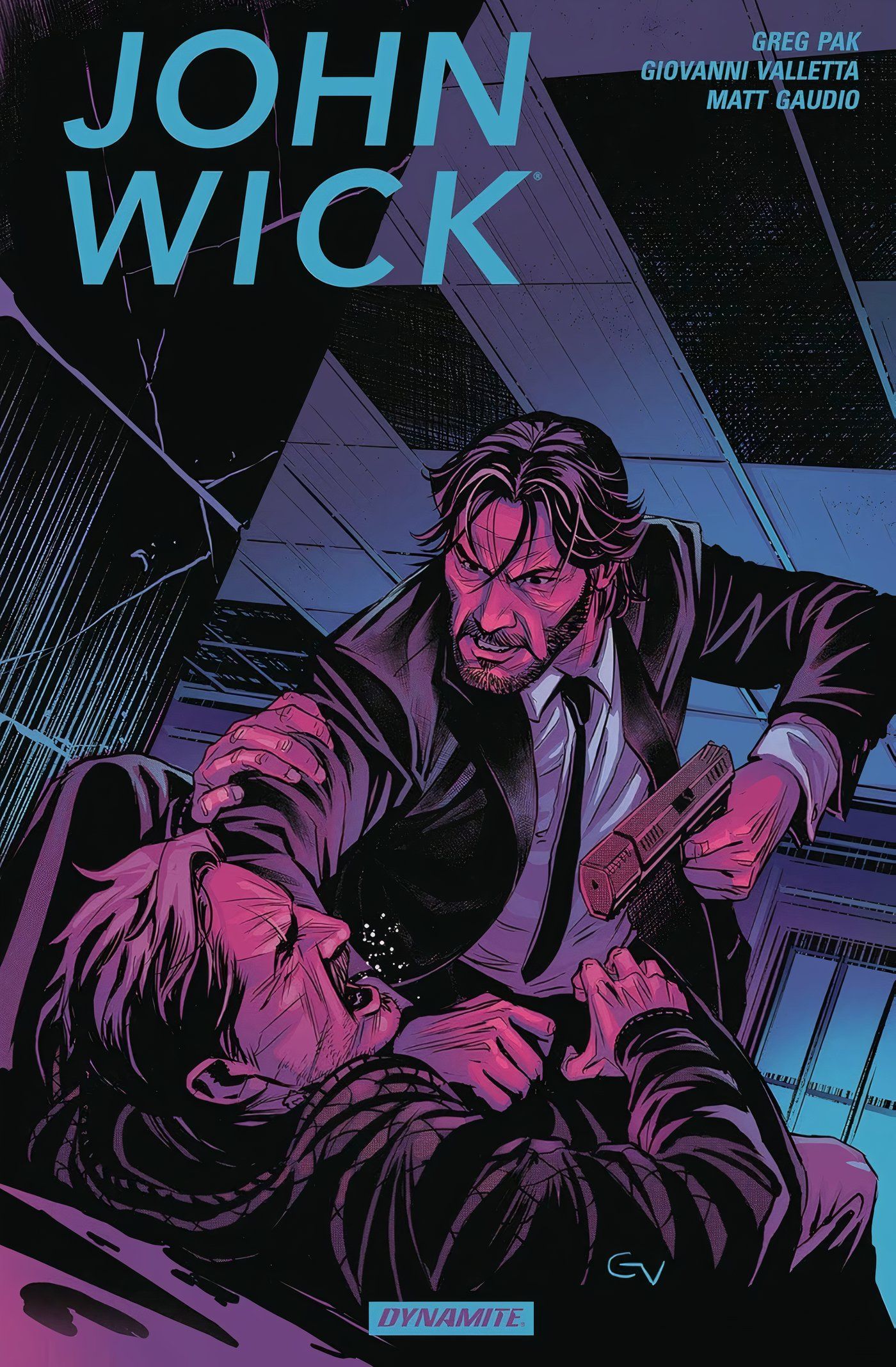 Comic cover for the John Wick comic series, with John holding a man at his armed hand.