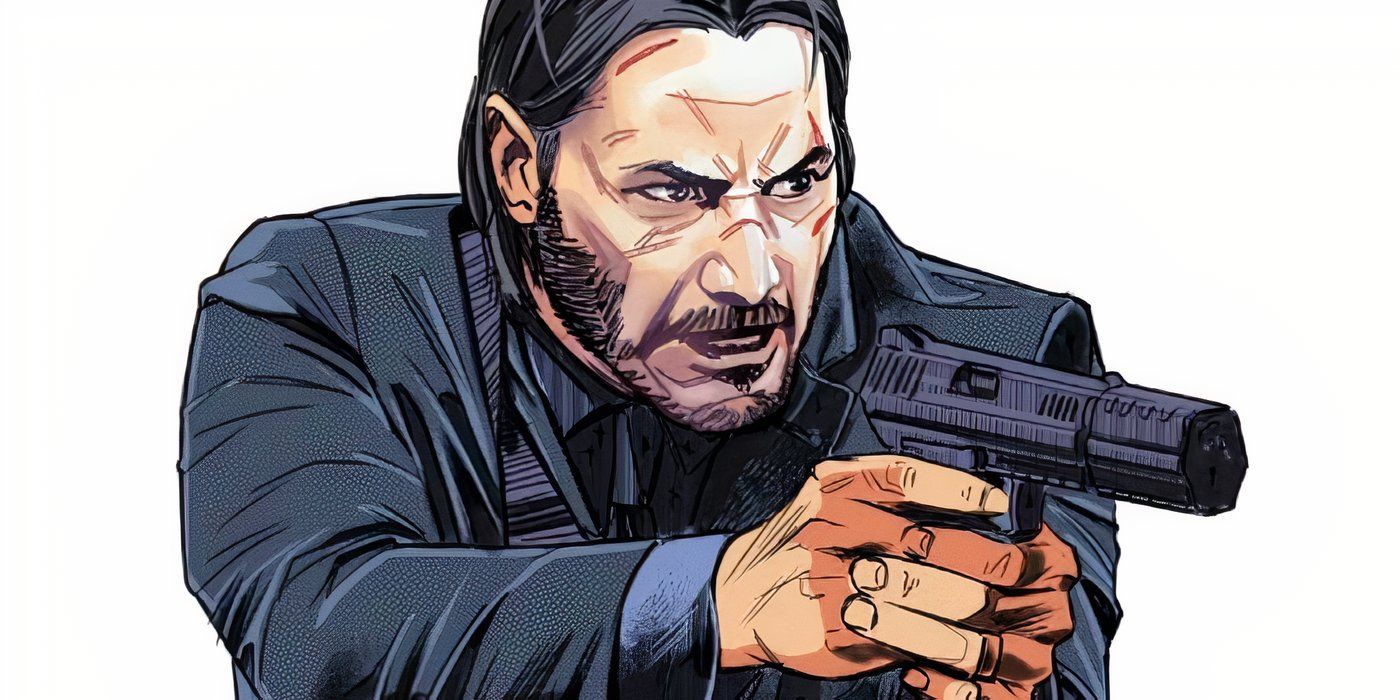 An illustrated comic version of John Wick holding a pistol. 