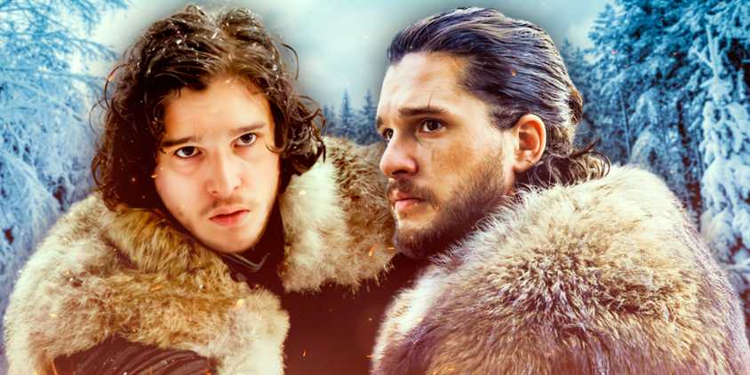 Jon Snow in season 1 and in season 8 of Game of Thrones