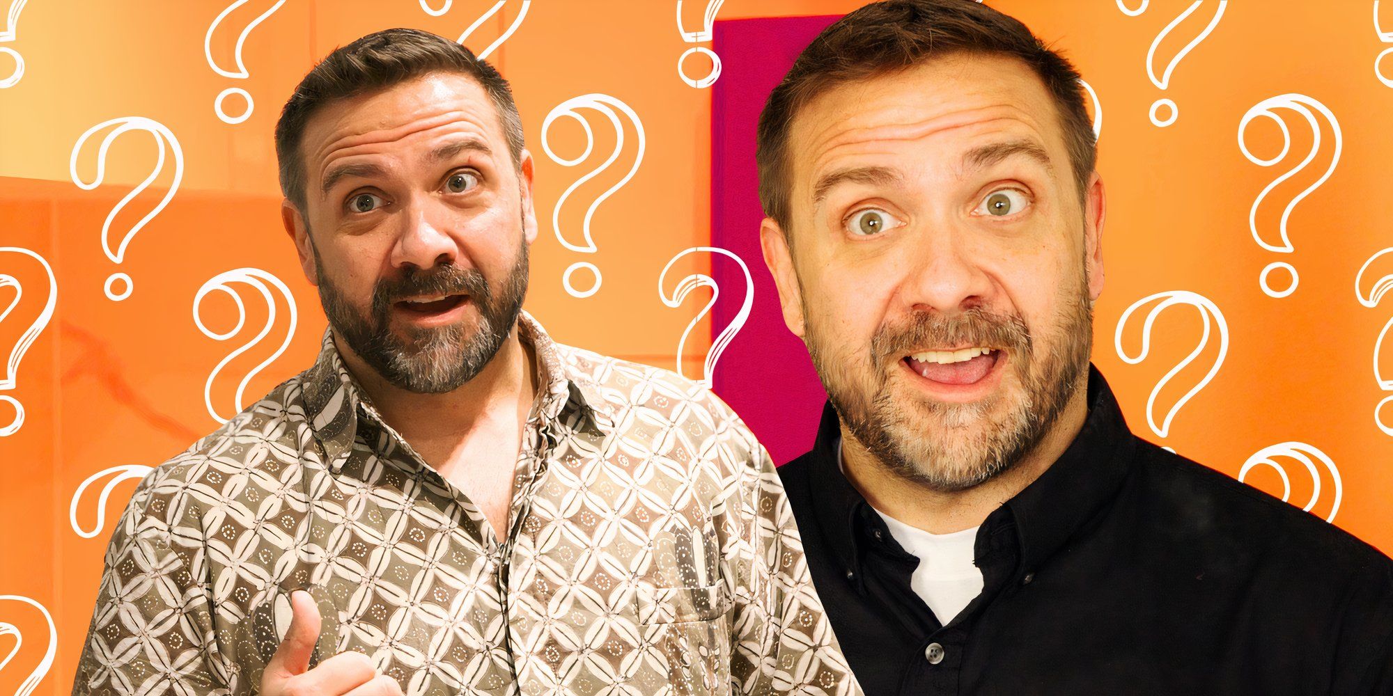 Josh McGuffey from 90 Day Fiance The Other Way Season 6 in montage with teo happy poses with question mark background