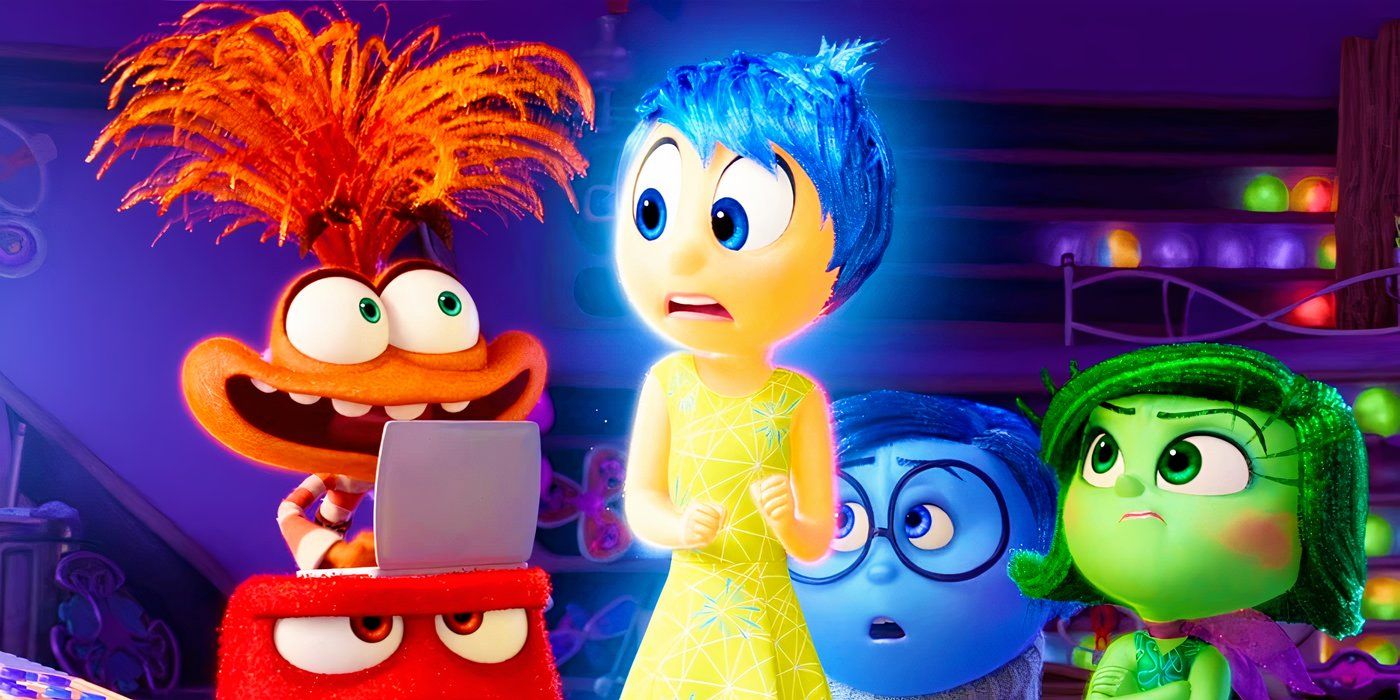 Joy looking confused in Inside Out 2 with the other emotions