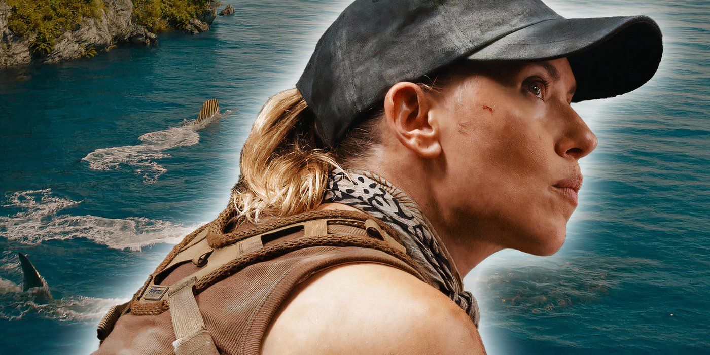 An edited image of Scarlett Johannsson as Zora in Jurᴀssic World Rebirth with spinosaurus' swimming in the background.