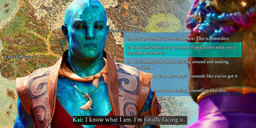 Kai from Avowed having a conversation and a map