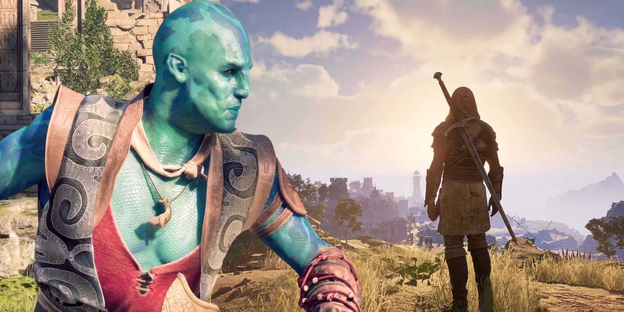 Kai from Avowed next to an image of the Envoy looking at Paradis