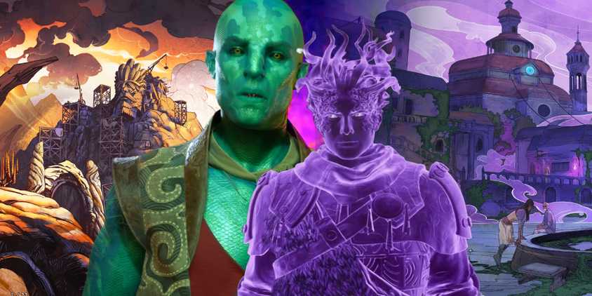 Kai with a purple character with scenery from the Avowed