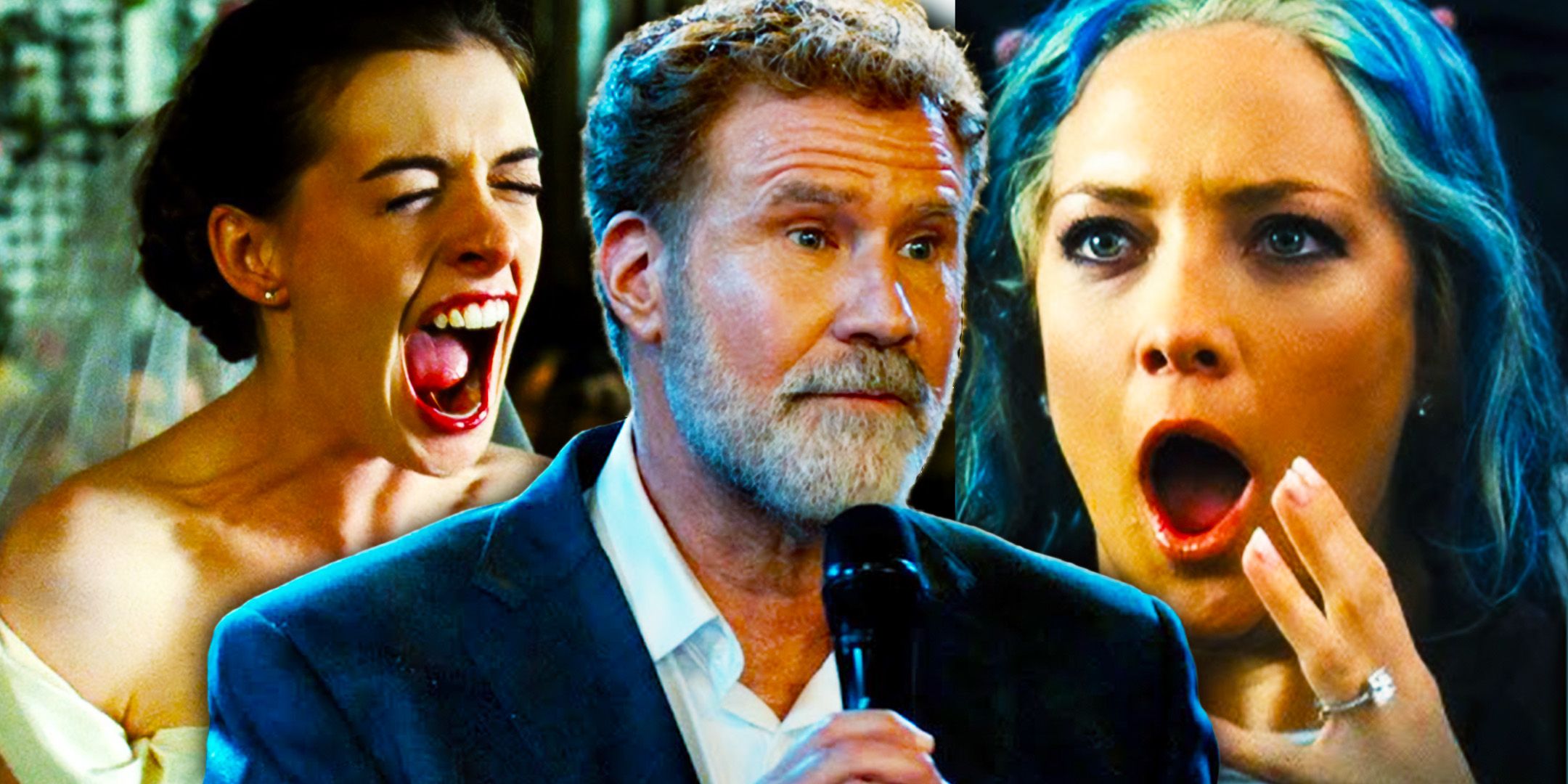 Will Ferrell holding a microphone in the middle with Anne Hathaway screaming to the left and Kate Hudson looking shocked with blue hair to the right