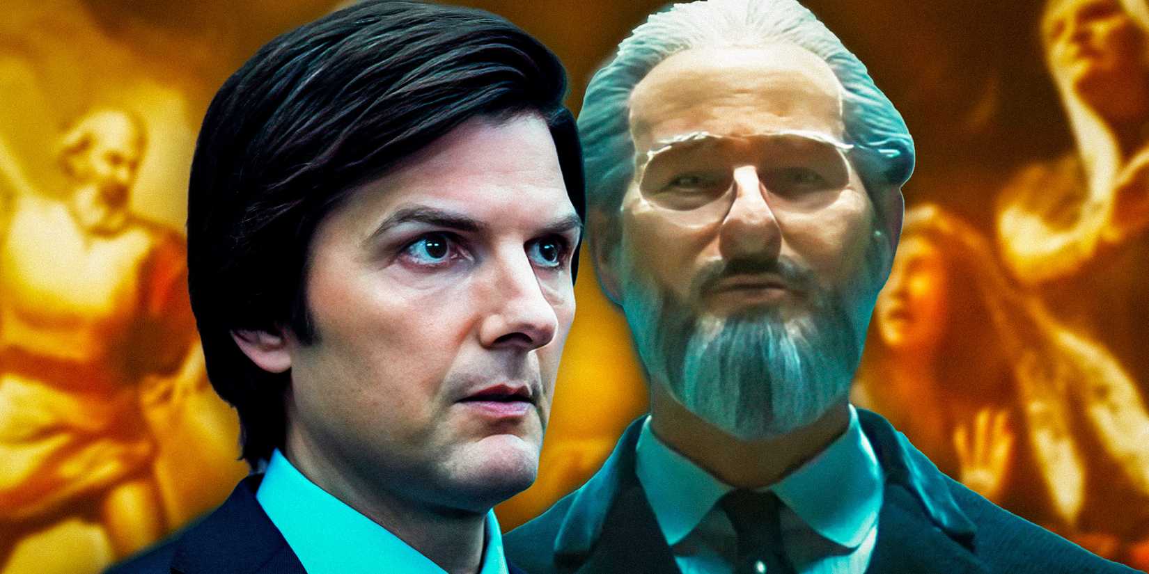 Mark Scout and Kier Eagan with the painting of Kier taming the Four Tempers in Severance in the background