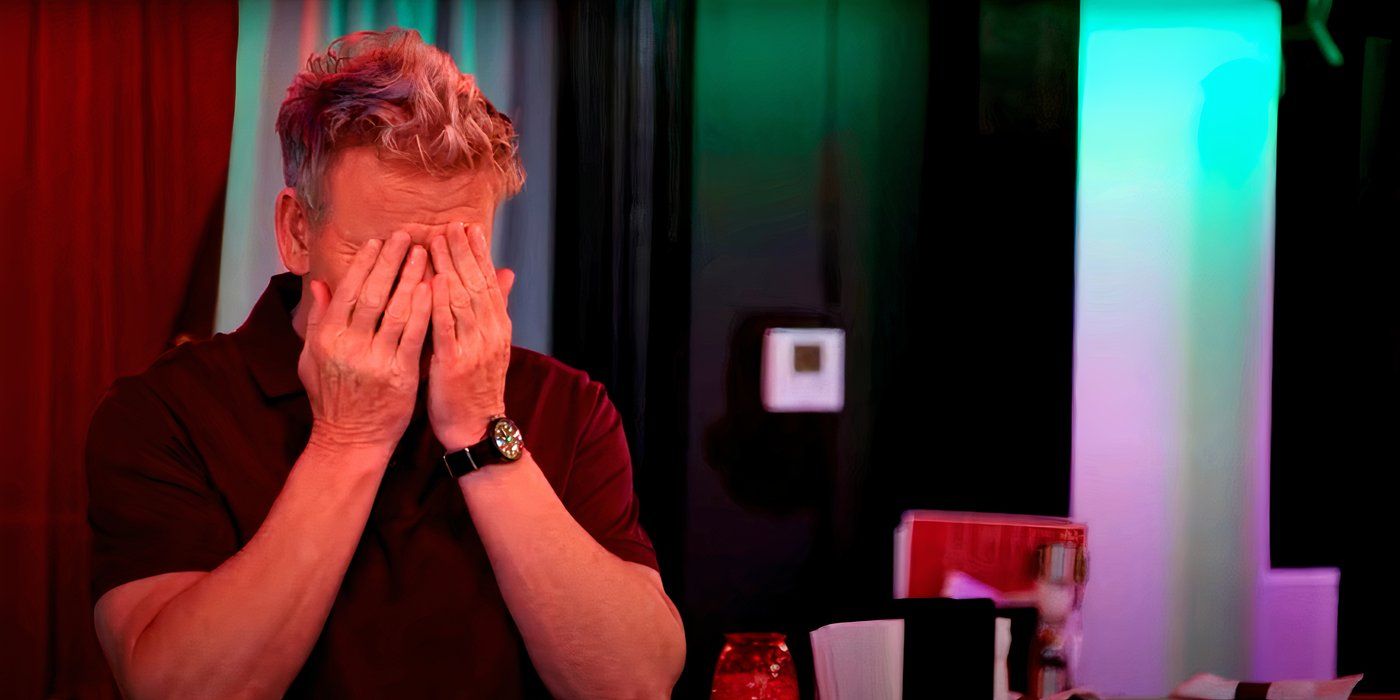Kitchen Nightmare's Goron Ramsay covers his face with his hands.
