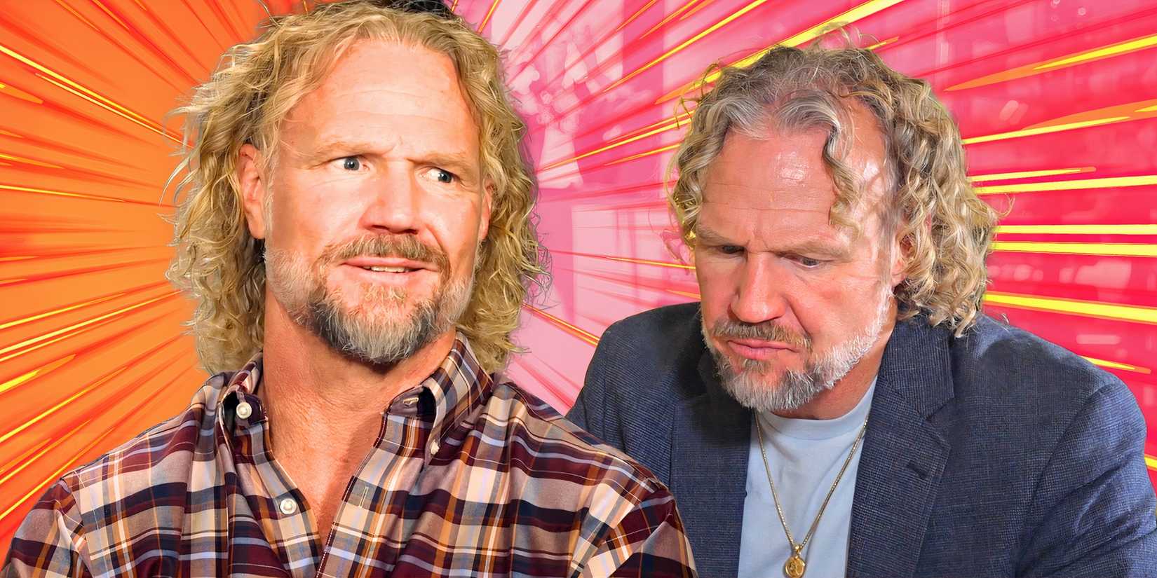 split image Kody Brown from Sister Wives with curly hair looking shocked
