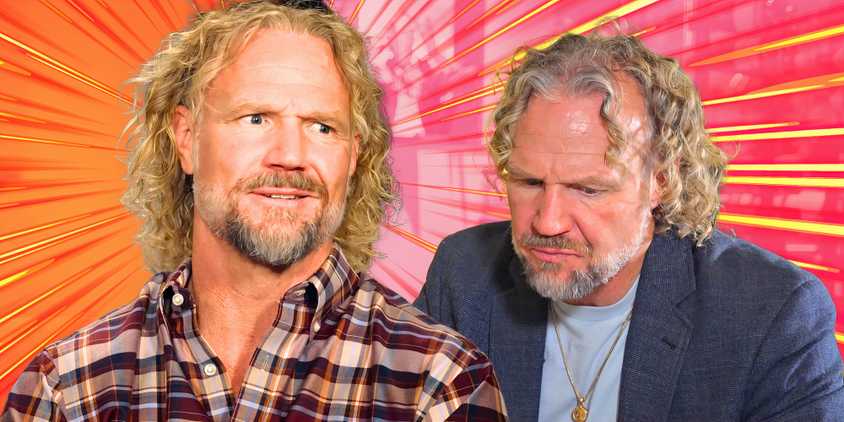 split image Kody Brown from Sister Wives with curly hair looking shocked