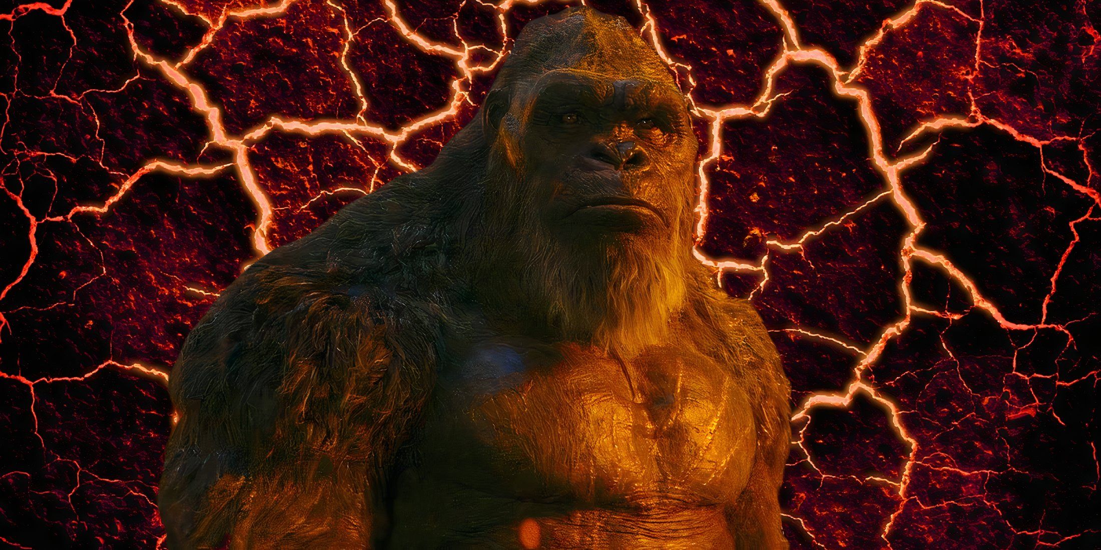 Kong em Godzilla x Kong O novo Império em pé em frente ao chão rachado brilhando laranja com lava