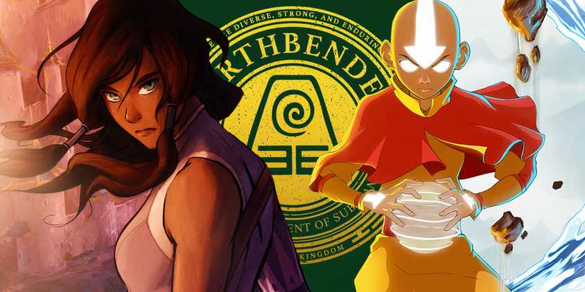 Korra and Aang either side of an Earthbender symbol from Avatar: The Last Airbender (2005-2008)