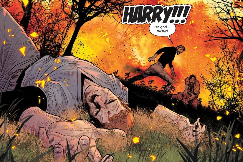 Kraven the Hunter kills Harry Osborn as Spider-Man reacts in shock